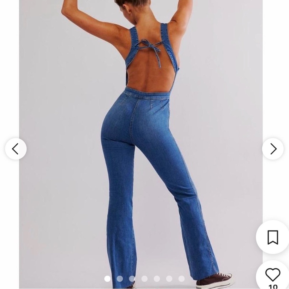 Free People Denim Flare Jumpsuit Zip Front Wide Leg Bohemiam Boho